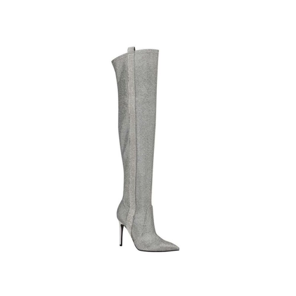 GUESS Womens Silver 21 Shaft Side Pull Tab Bonisa Pointed Toe Stiletto Boots 5 M